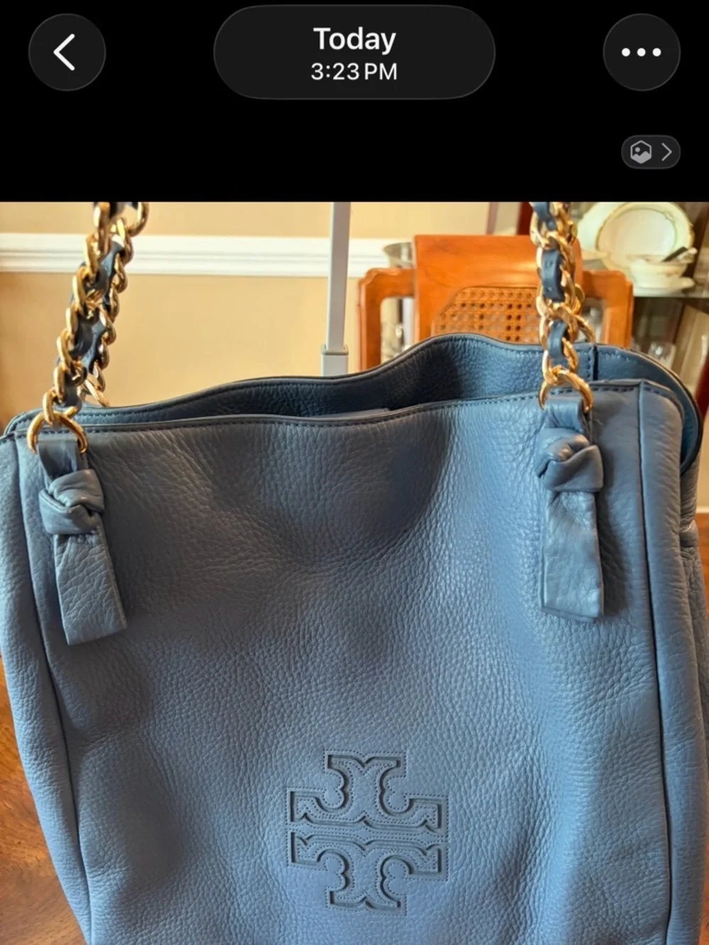 NWOT Tory Burch Harper Pebbled Leather Shoulder Tote w/Chain Straps - Slate Blue - Picture 4 of 14